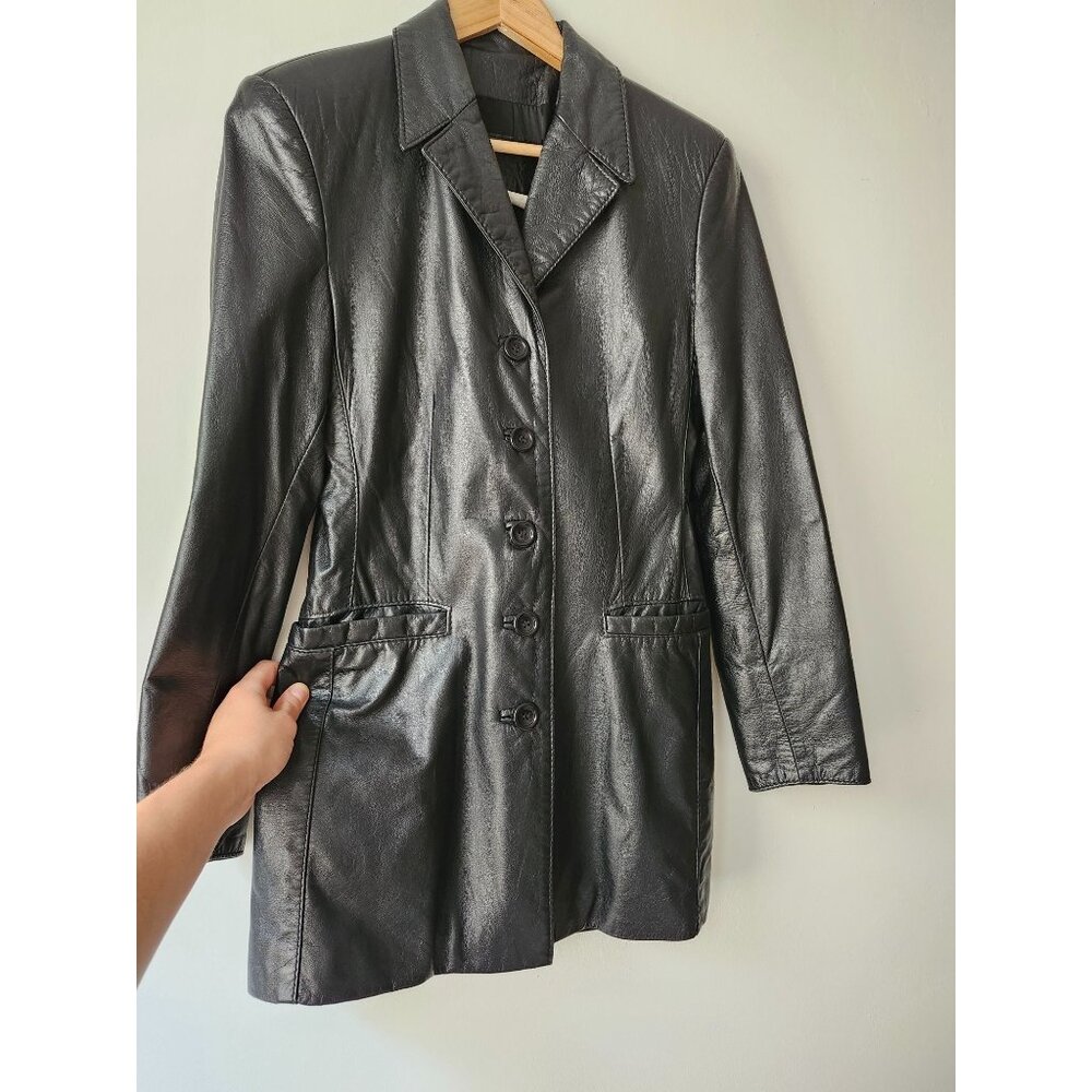 Vtg Late 90s Early 00s Women's Genuine Leather Long Black Button-Up Jacket Rock